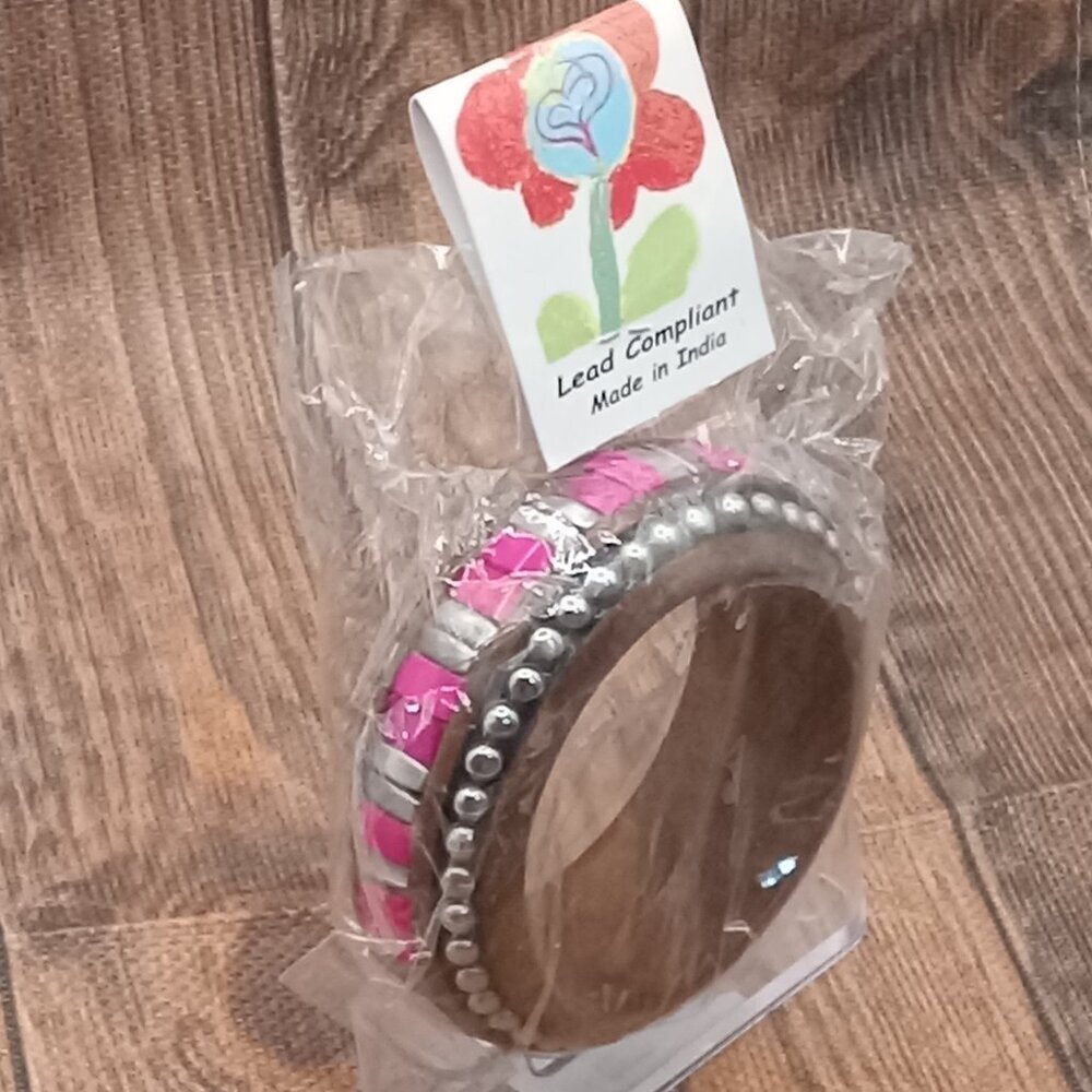 PINK RED Silver Studded Wood Bangle BRACELET Goth Boho Artisan INDIA Antika